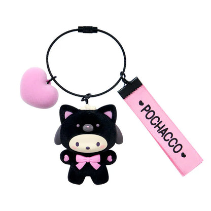Pochacco Black and Pink Bear Keyring with Plastic Mascot