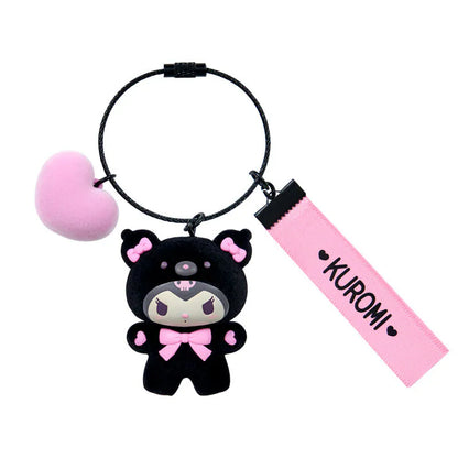 Kuromi Black and Pink Bear Keyring with Plastic Mascot